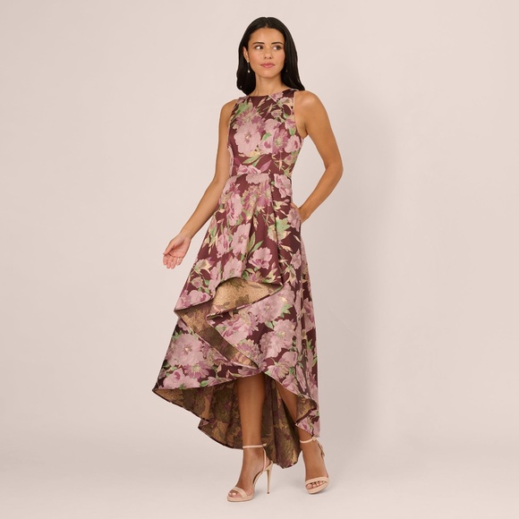 Adrianna Papell Sleeveless Floral Jacquard High Low Gown In Burgundy Multi Size - Picture 3 of 3